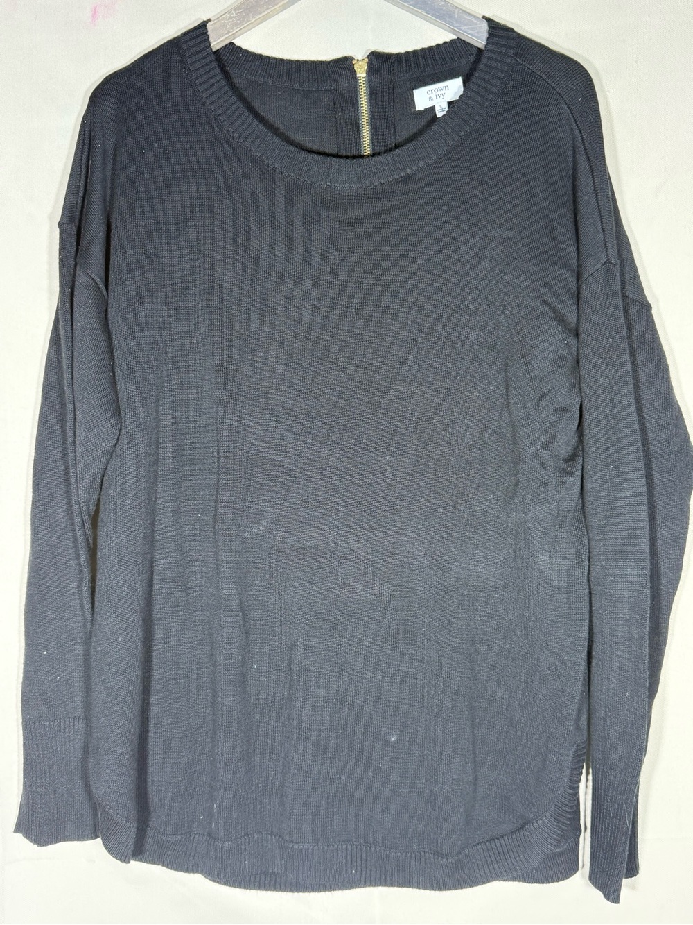 crown & ivy Black Crewneck Sweater with Back Zip Detail